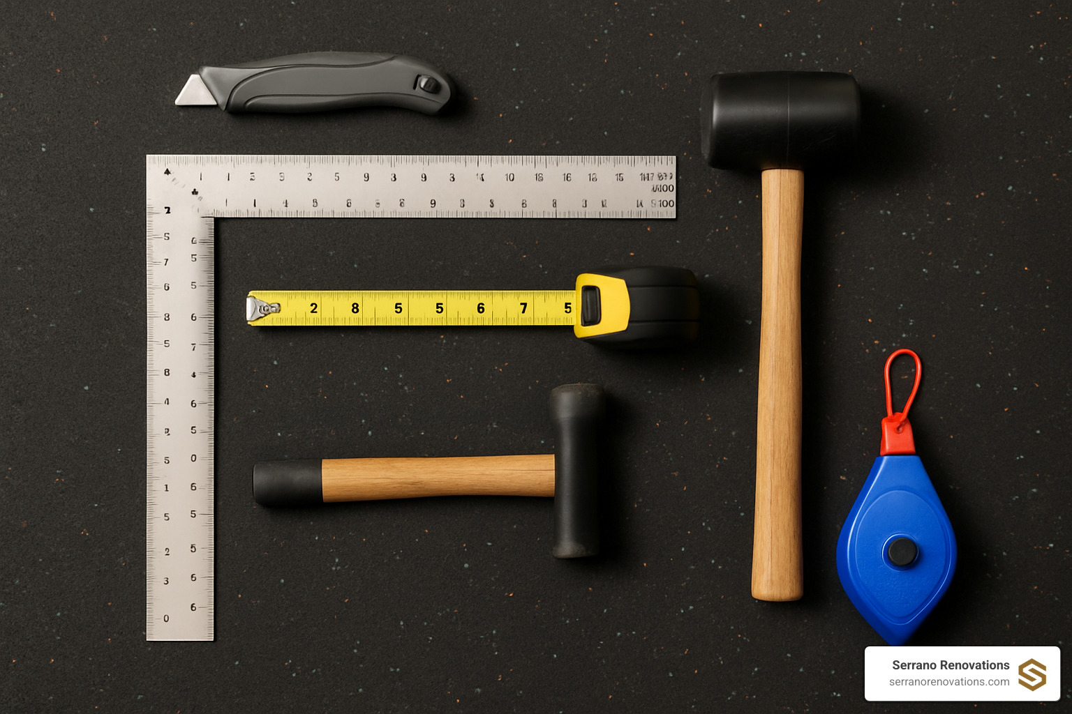 Essential gym flooring installation tools laid out: utility knife, T-square, measuring tape, rubber mallet, and chalk line - gym flooring installation