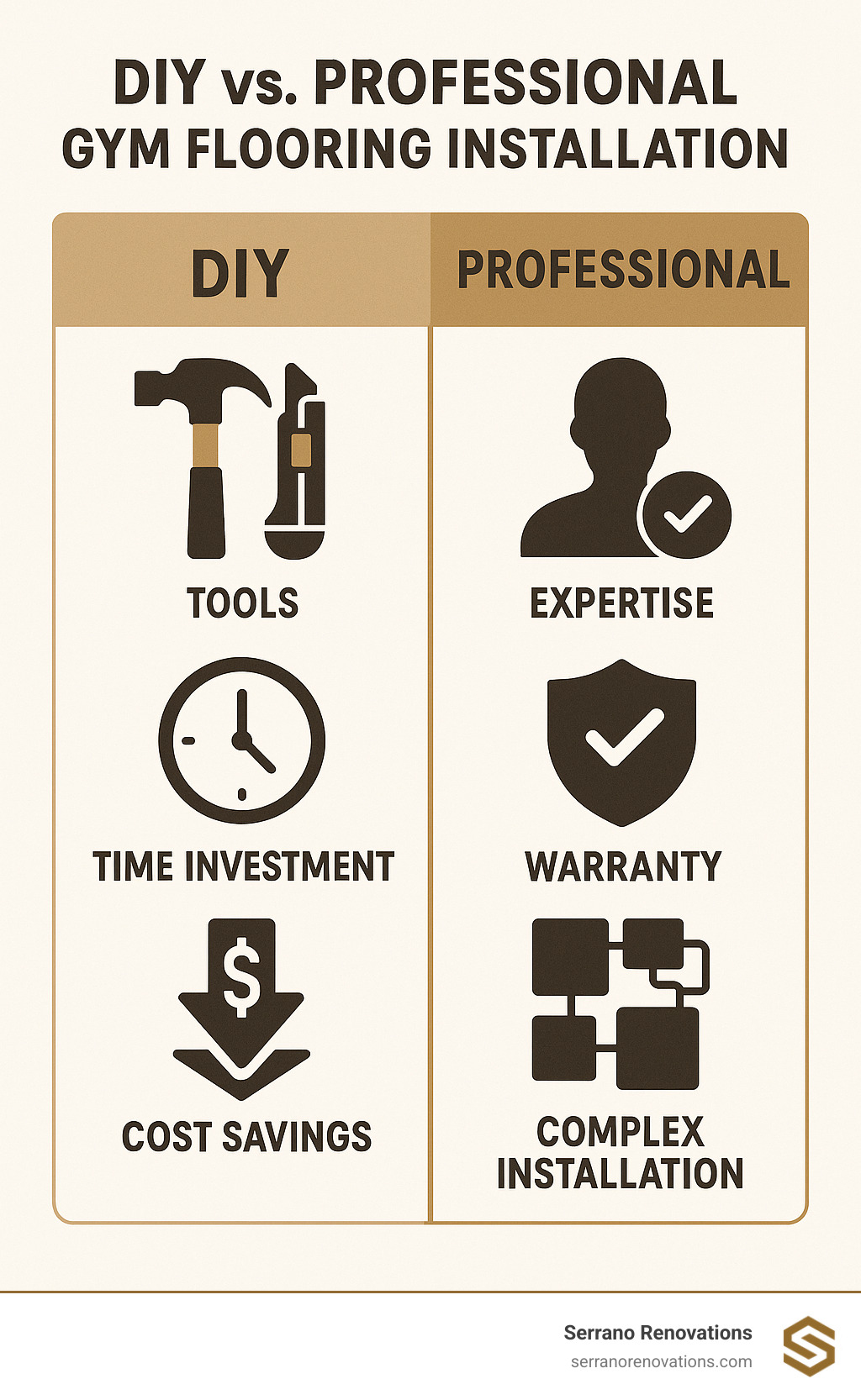 Infographic showing DIY vs Professional installation comparison: DIY shows tools, time investment, and cost savings; Professional shows expertise, warranty, and complex installation capabilities - gym flooring installation infographic 