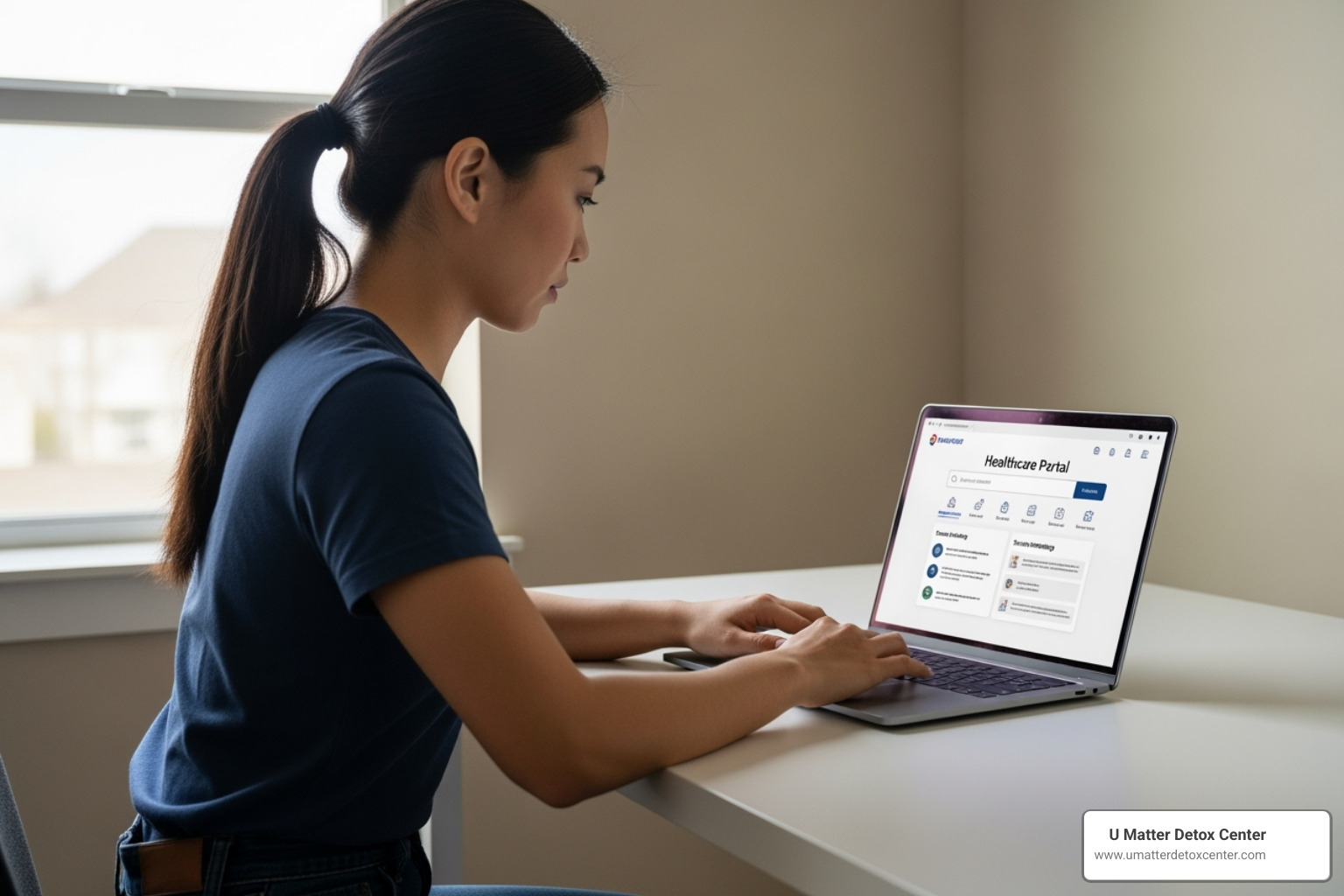 A person using a laptop to search for healthcare options, with TRICARE website visible on screen - dual diagnosis detox covered by tricare