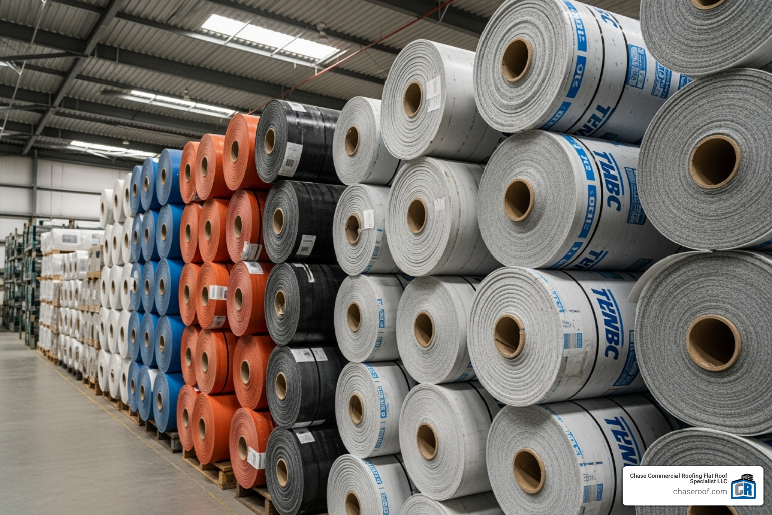 Rolls of TPO, EPDM, and PVC roofing material - Flat roofing for businesses