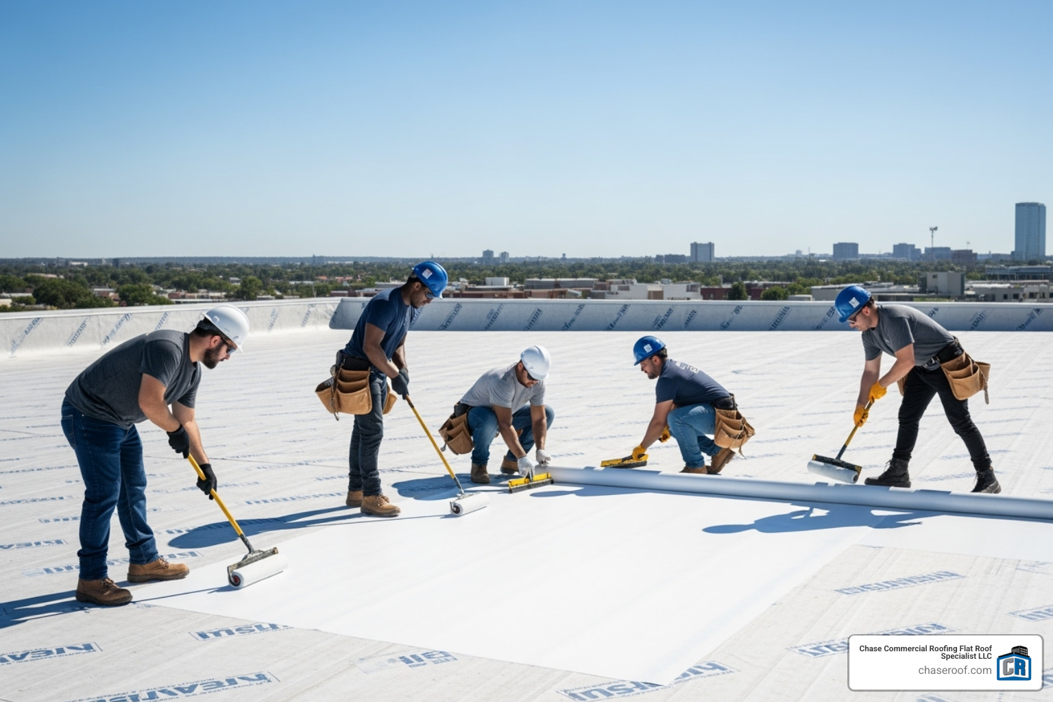 Professional roofing crew installing a TPO membrane on a large commercial roof - Flat roofing for businesses