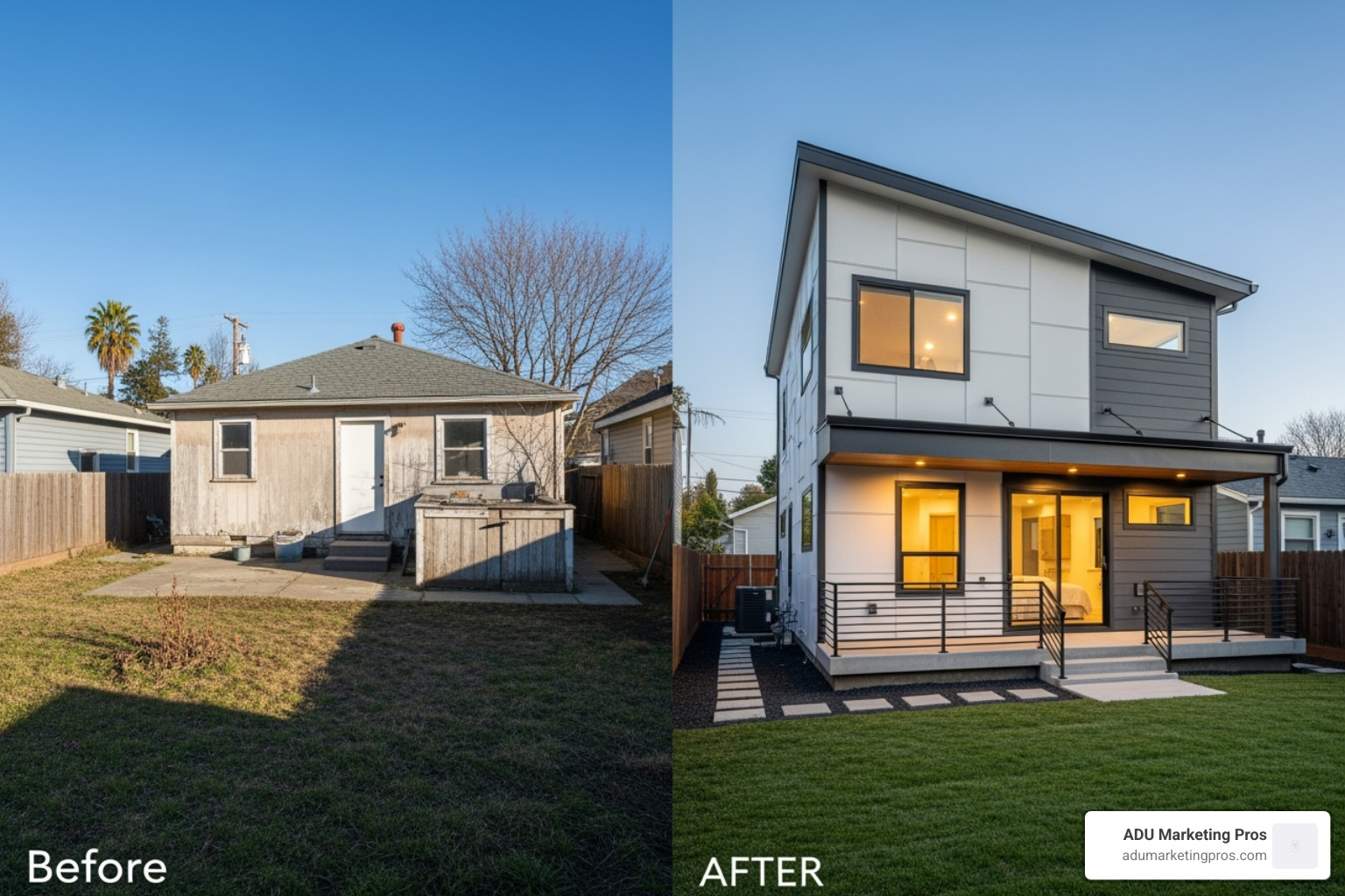 Modern ADU construction project showing before and after change - ADU construction marketing agency
