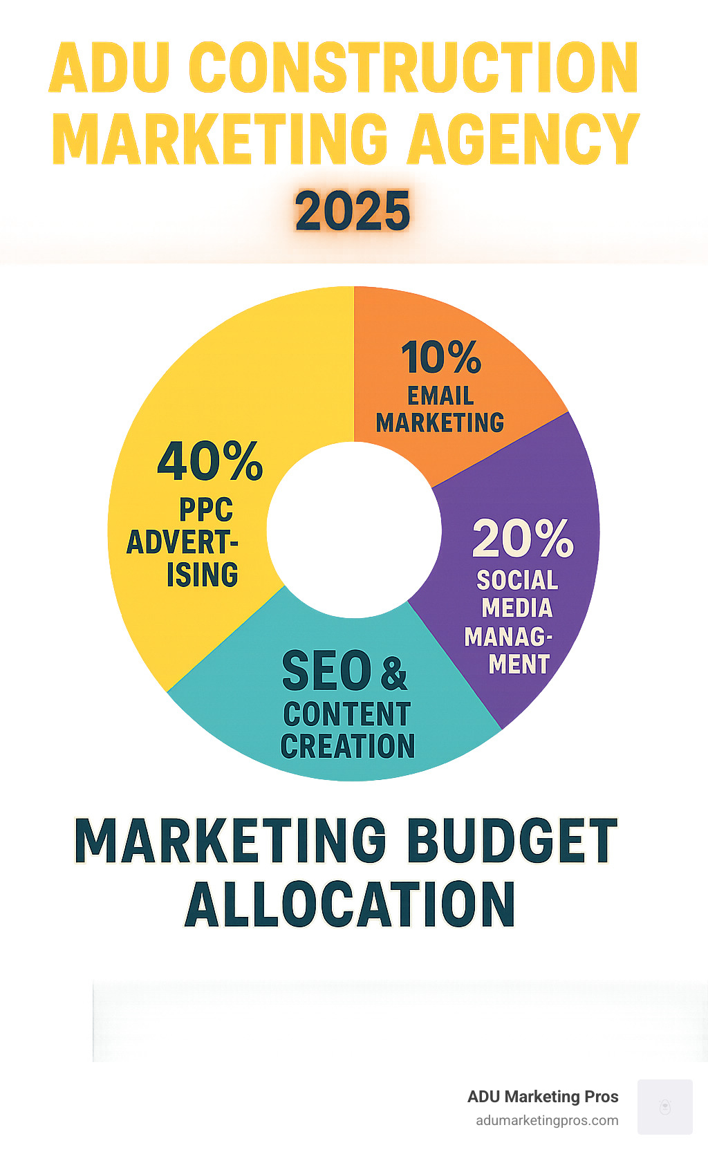 Infographic showing ADU marketing budget allocation: 40% PPC advertising, 30% SEO and content creation, 20% social media management, 10% email marketing and automation - ADU construction marketing agency infographic 
