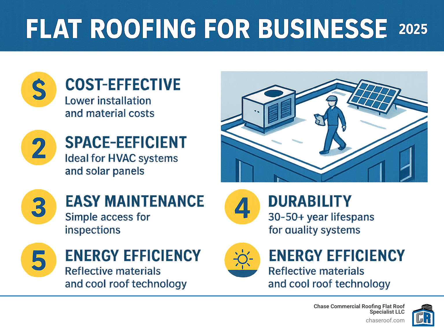 Infographic showing the top 5 benefits of flat roofs for businesses: 1) Cost-effectiveness with lower installation and material costs, 2) Space efficiency for HVAC systems and solar panels, 3) Easy maintenance with simple access for inspections, 4) Durability with 30-50+ year lifespans for quality systems, and 5) Energy efficiency through reflective materials and cool roof technology - Flat roofing for businesses infographic 