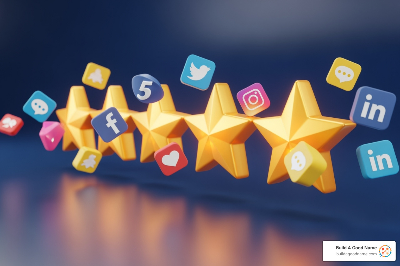 5-star rating graphic with social media icons floating around it - digital reputation management