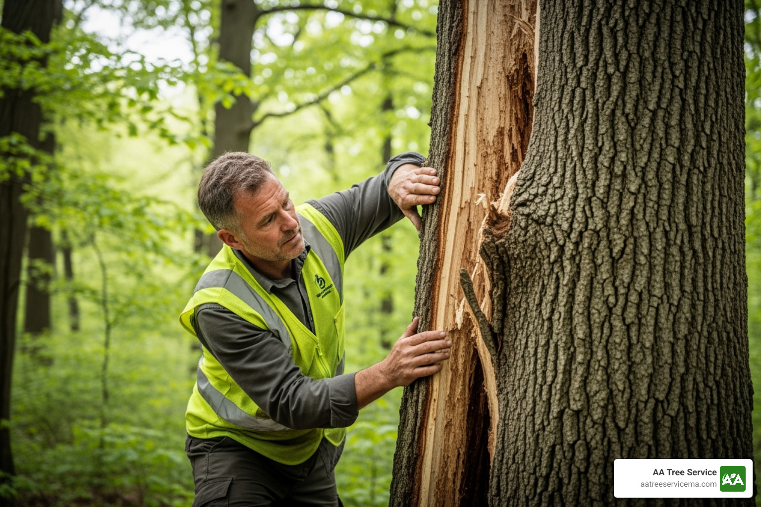 A certified arborist inspecting a tree with a split trunk - storm tree removal A certified arborist inspecting a tree with a split trunk - storm tree removal