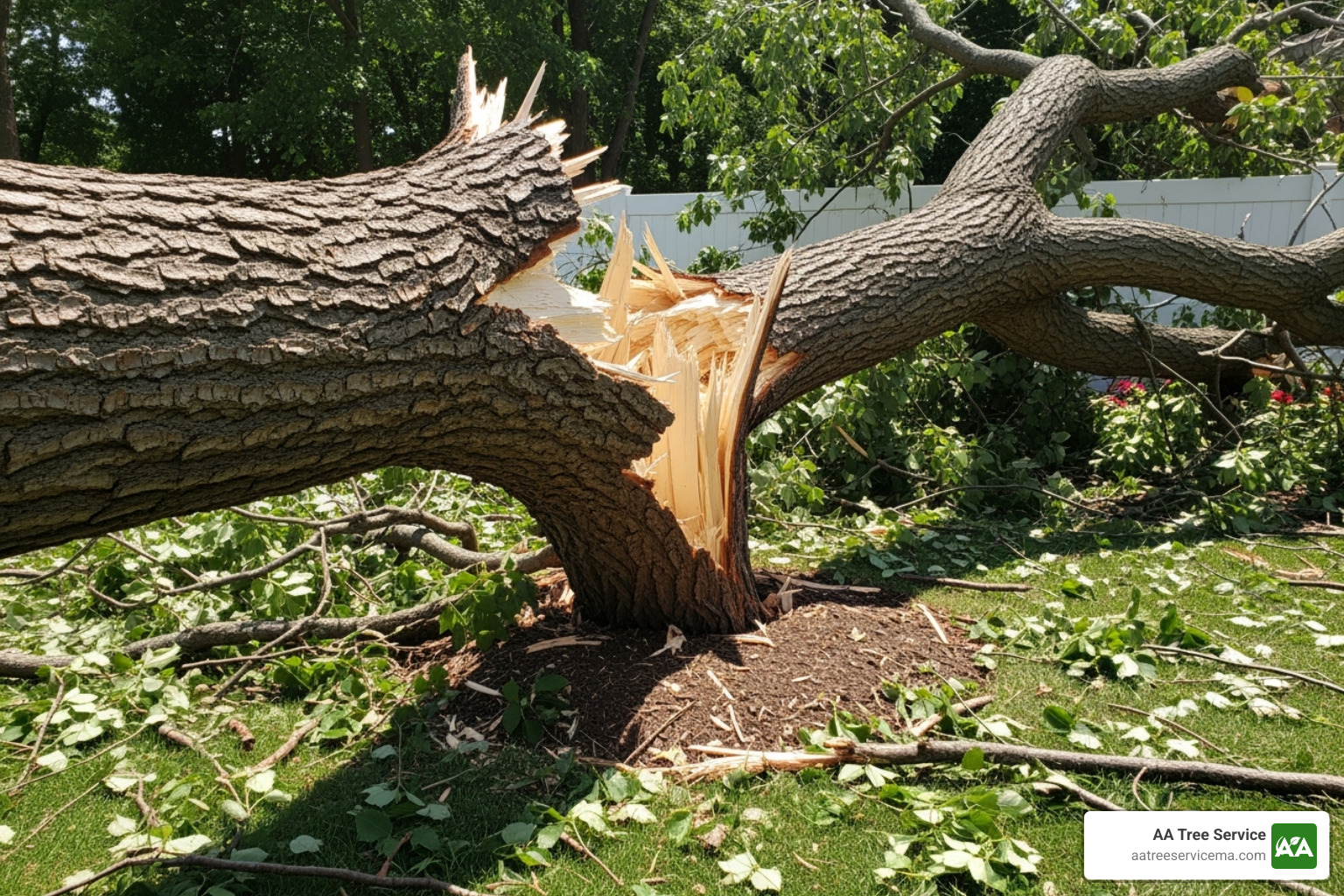 A large tree branch that has fallen in a suburban yard after a storm - storm tree removal A large tree branch that has fallen in a suburban yard after a storm - storm tree removal