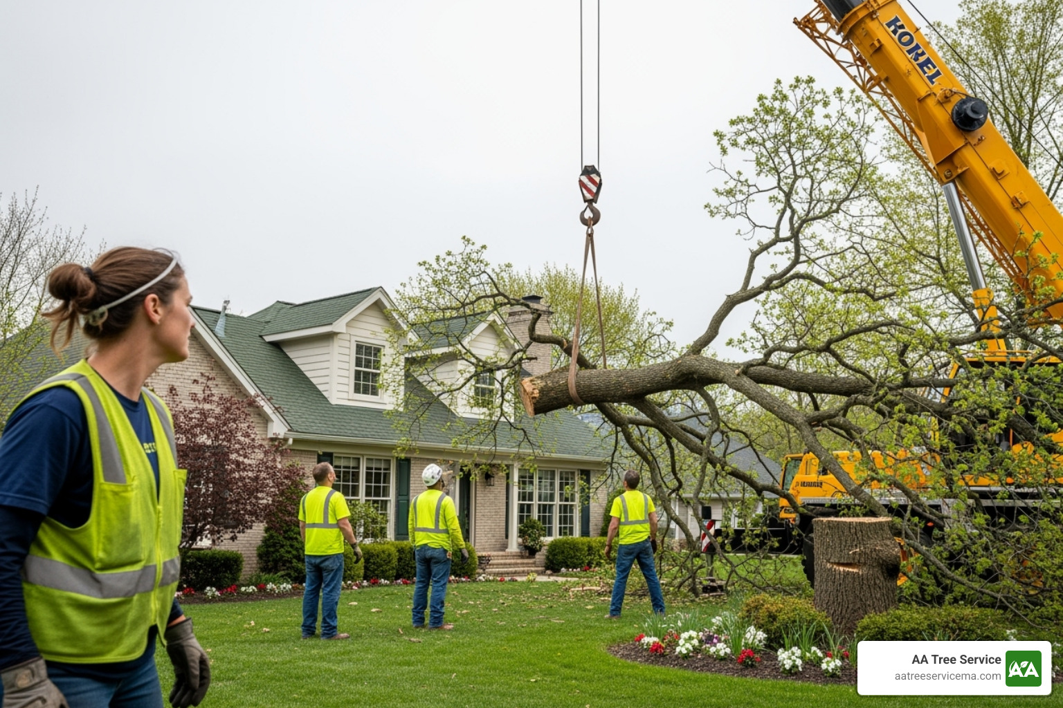 A tree service crew with a crane safely removing a large tree from over a house - storm tree removal A tree service crew with a crane safely removing a large tree from over a house - storm tree removal