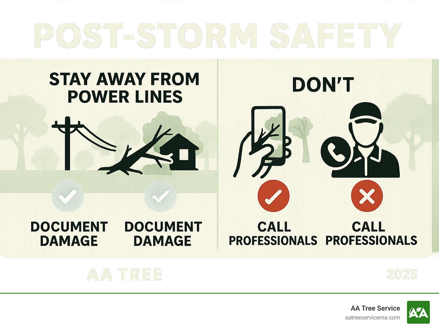 Post-storm safety infographic showing immediate safety do's and don'ts including staying away from power lines, documenting damage, and when to call professionals - storm tree removal infographic Post-storm safety infographic showing immediate safety do's and don'ts including staying away from power lines, documenting damage, and when to call professionals - storm tree removal infographic
