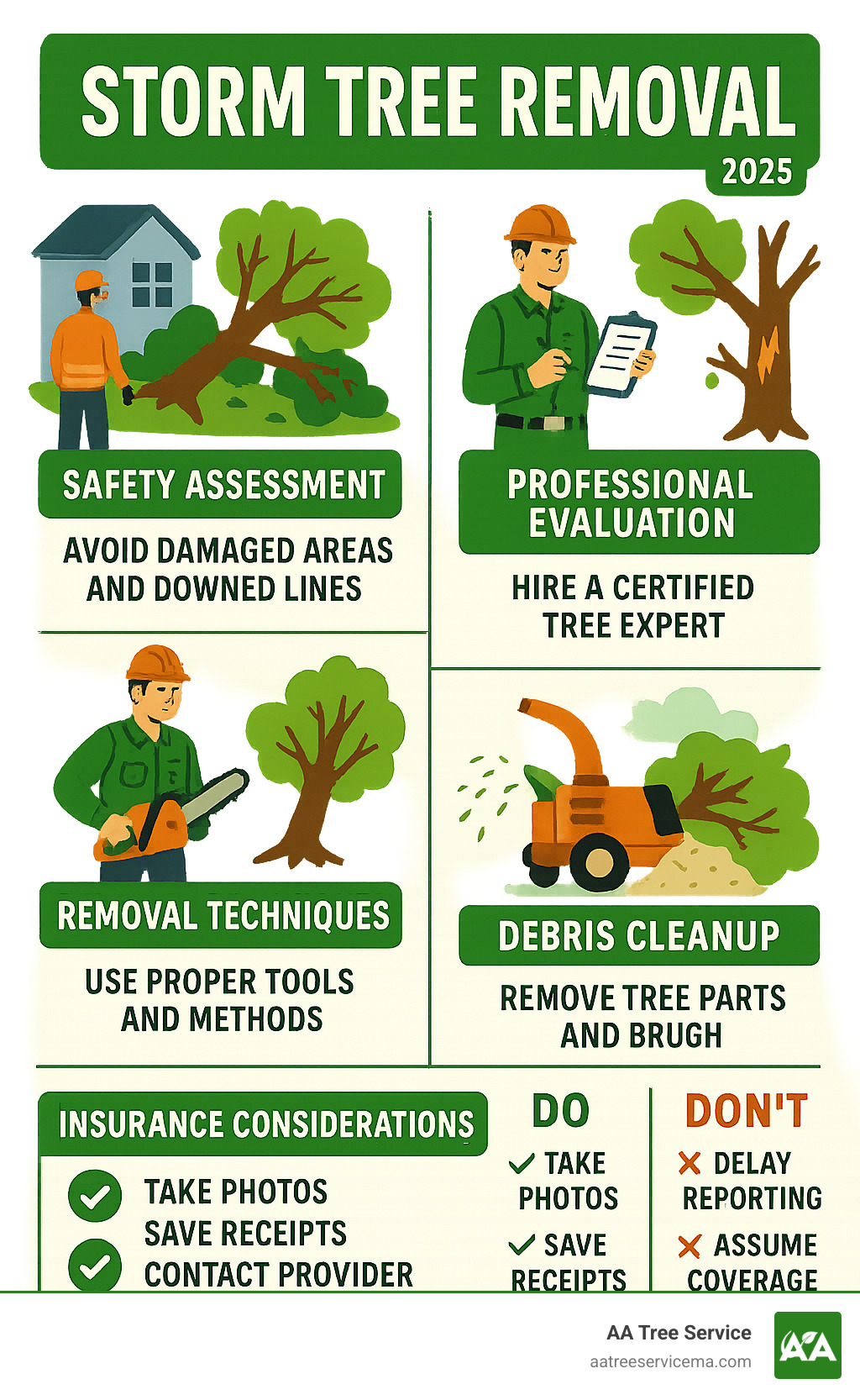 Comprehensive storm tree removal process infographic showing safety assessment, professional evaluation, removal techniques, debris cleanup, and insurance considerations with clear do's and don'ts for homeowners - storm tree removal infographic Comprehensive storm tree removal process infographic showing safety assessment, professional evaluation, removal techniques, debris cleanup, and insurance considerations with clear do's and don'ts for homeowners - storm tree removal infographic