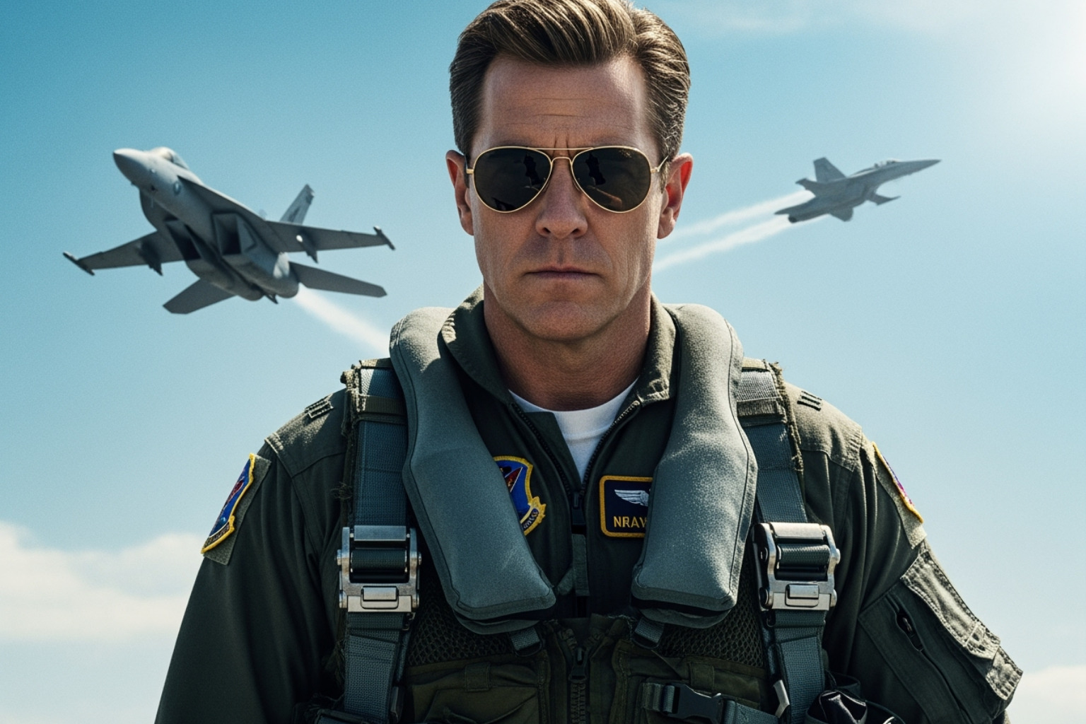 Glen Powell as Hangman in Top Gun Maverick wearing aviator sunglasses and flight suit - glen powell