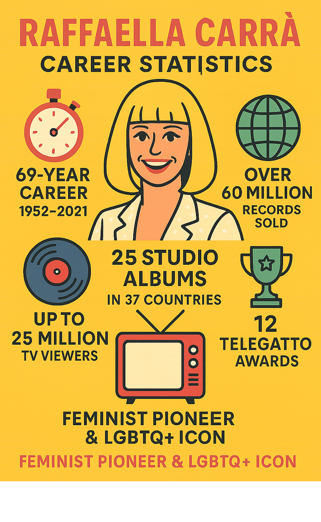 Infographic showing Raffaella Carrà's career statistics: 69-year career span from 1952-2021, over 60 million records sold worldwide, 25 studio albums released in 37 countries, TV shows drawing up to 25 million viewers, 12 Telegatto awards won, and cultural impact as feminist pioneer and LGBTQ+ icon - raffaella carra infographic 