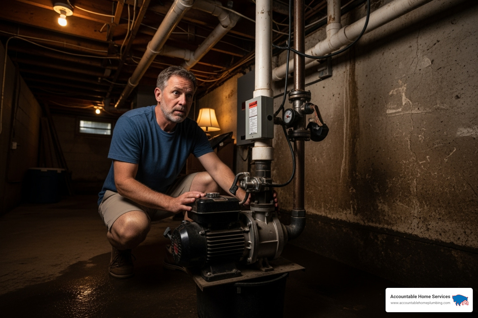 homeowner inspecting sump pump with concerned expression - sump pump repair services