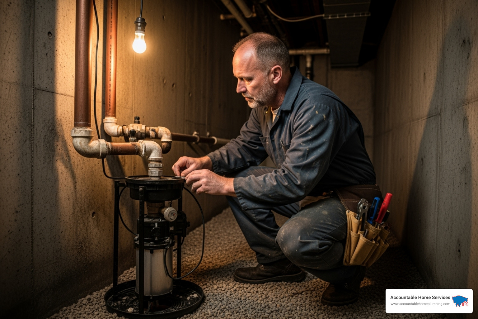 professional plumber inspecting sump pump system - sump pump repair services