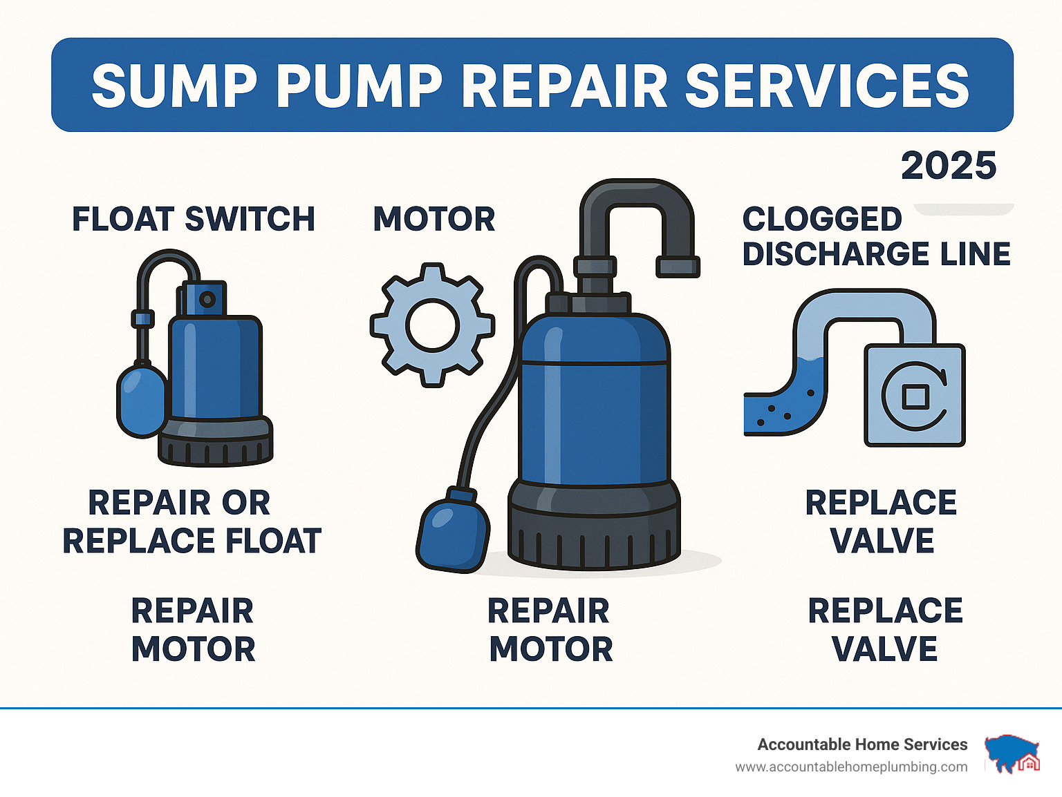 Infographic showing common sump pump problems and their repair solutions, including float switch issues, motor failures, clogged discharge lines, and check valve problems with corresponding repair methods - sump pump repair services infographic 