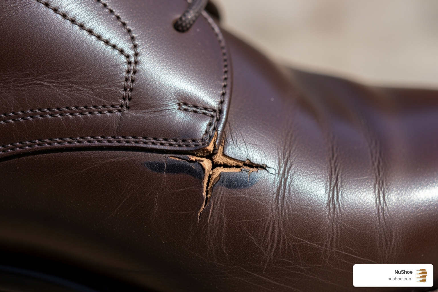 close-up of a repaired crack in a leather shoe - renew old leather shoes