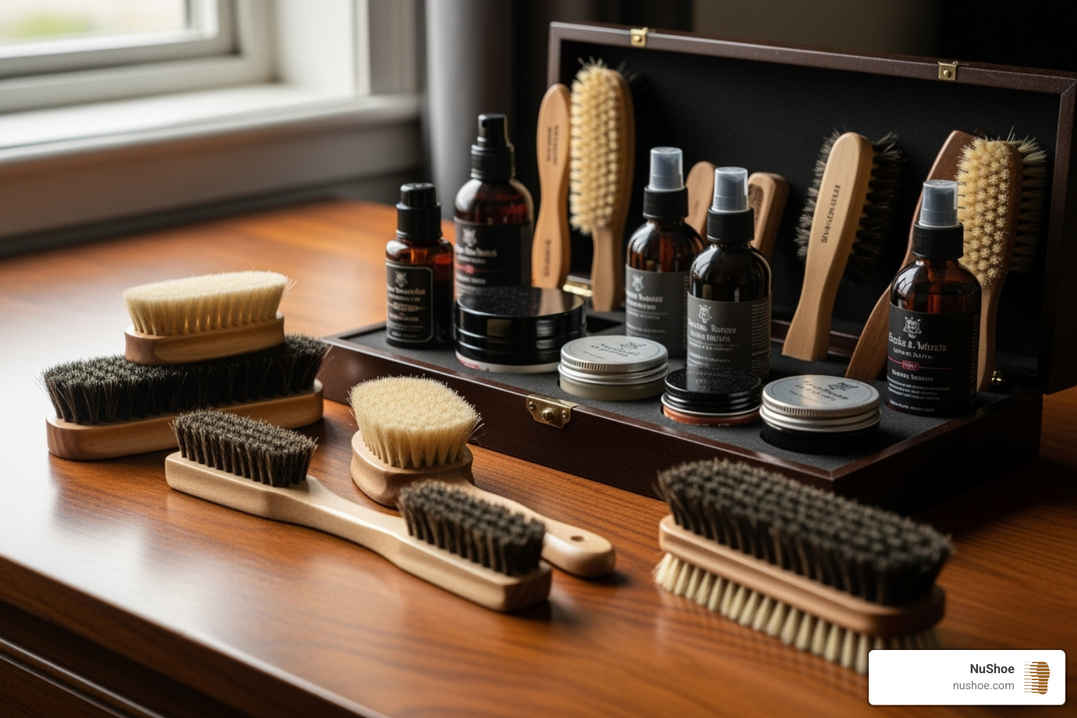well-organized shoe care kit with brushes, cleaners, conditioners, and polishes - renew old leather shoes