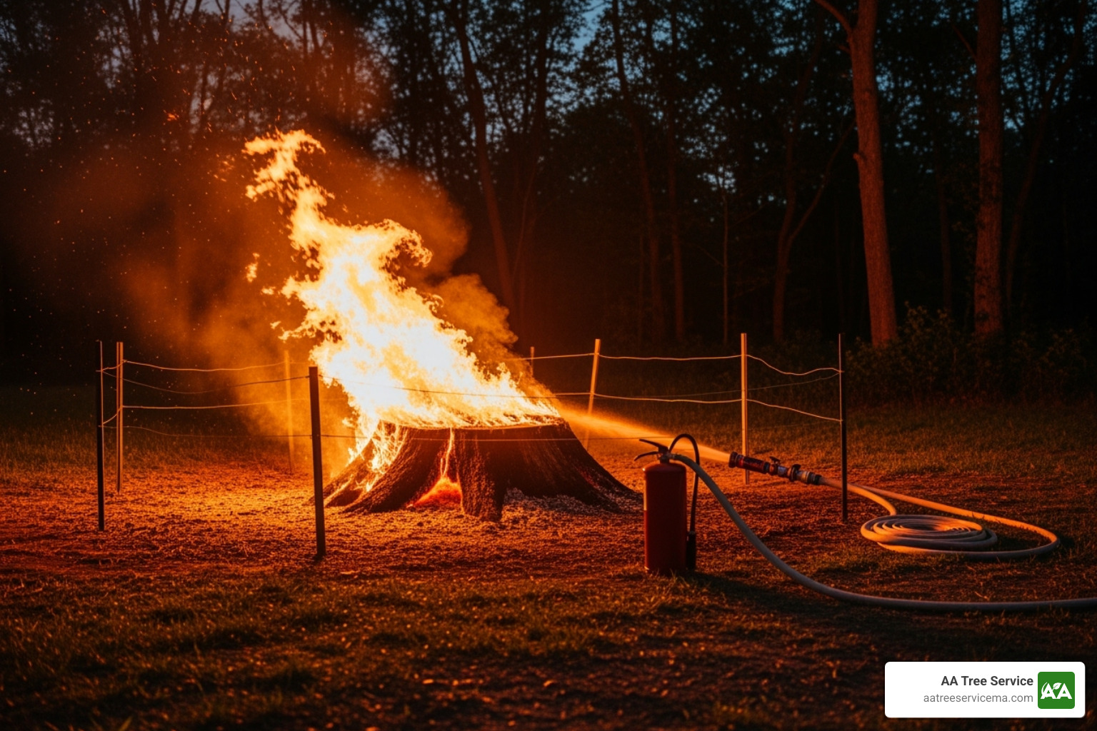 Controlled fire on a tree stump with safety precautions visible - fast stump removal