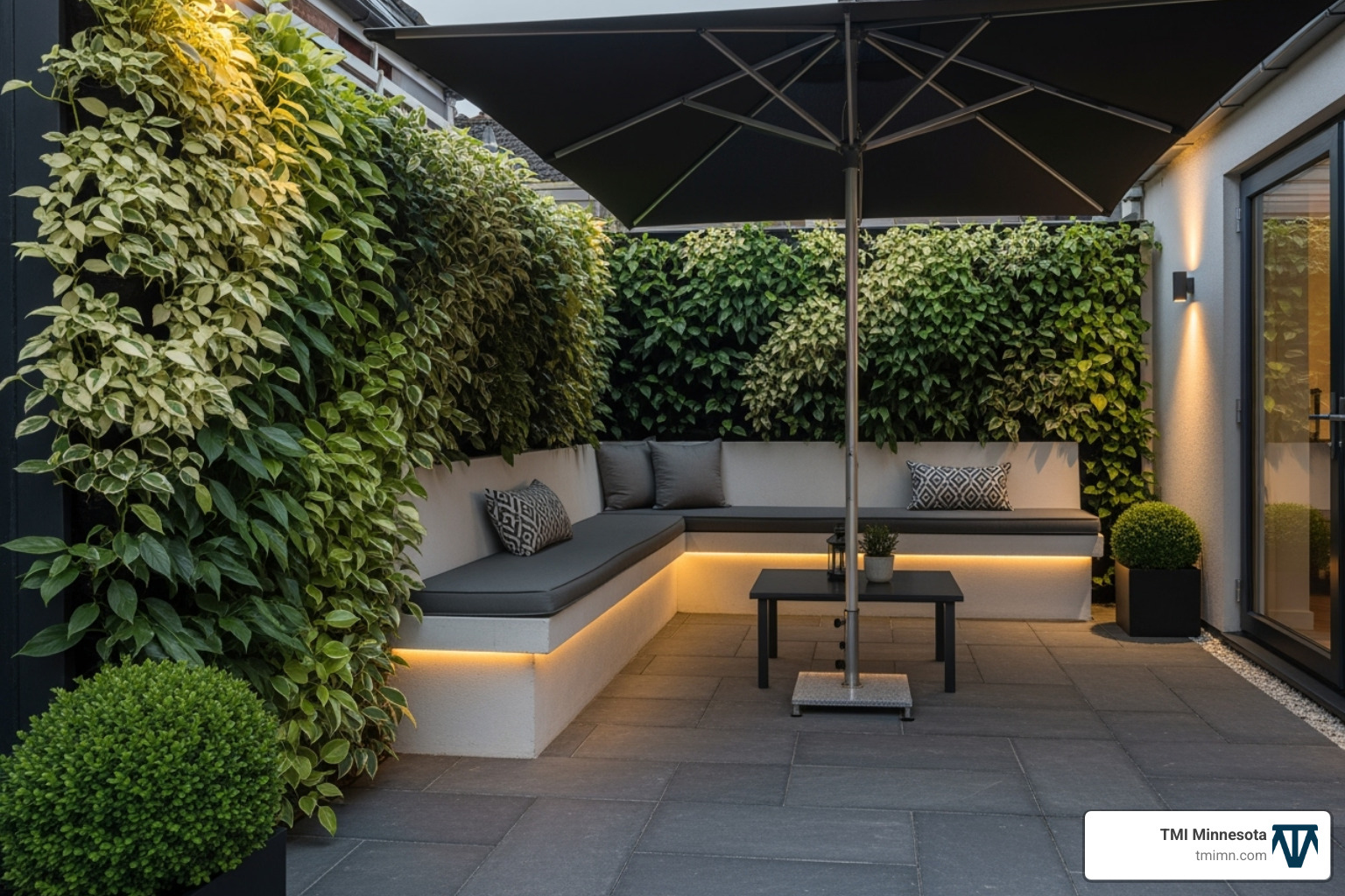 stylish small patio with vertical garden wall and built-in bench seating - small garden changes