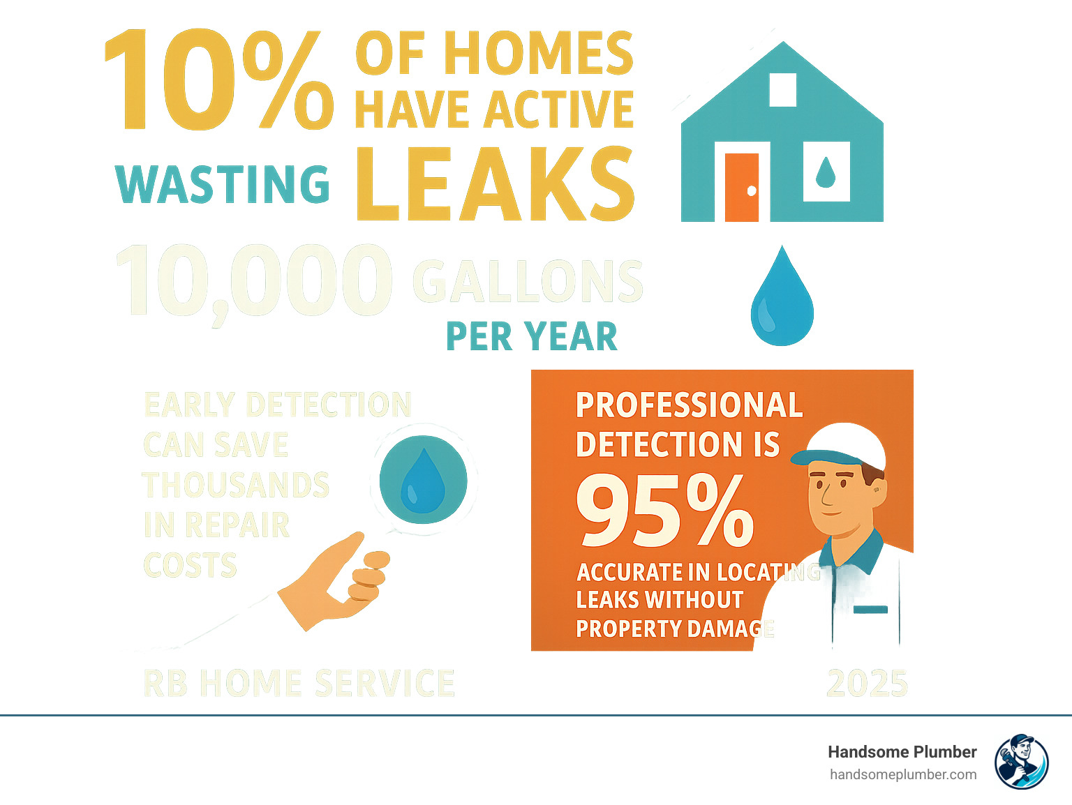 Statistical infographic showing that 10% of homes have active leaks wasting nearly 10,000 gallons per year, early detection can save thousands in repair costs, and professional detection is 95% accurate in locating leaks without property damage - slab leak repair services infographic 