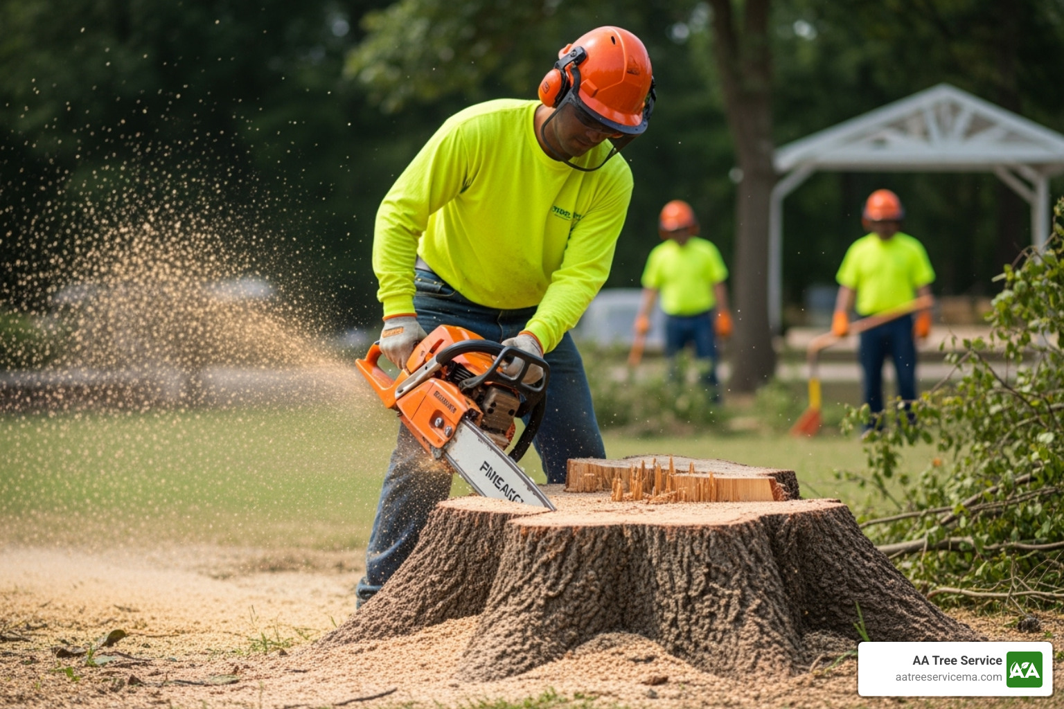Professional operating a stump grinder, turning a large stump into wood chips - fast stump removal