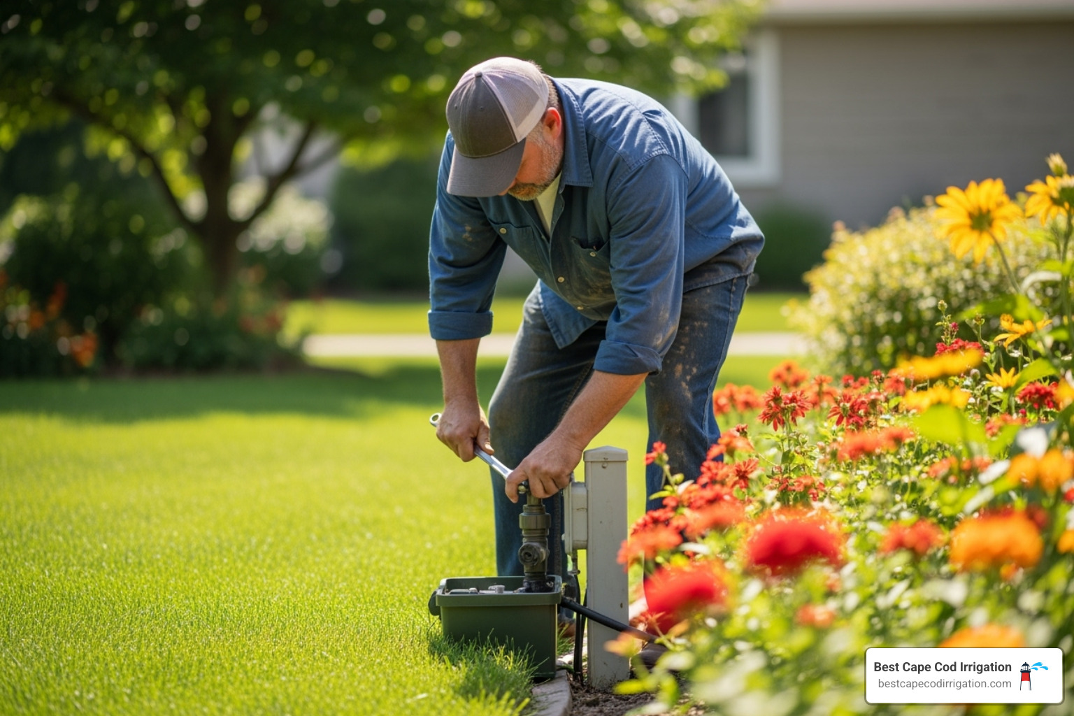 homeowner working on irrigation system valve box - turning off irrigation system winter