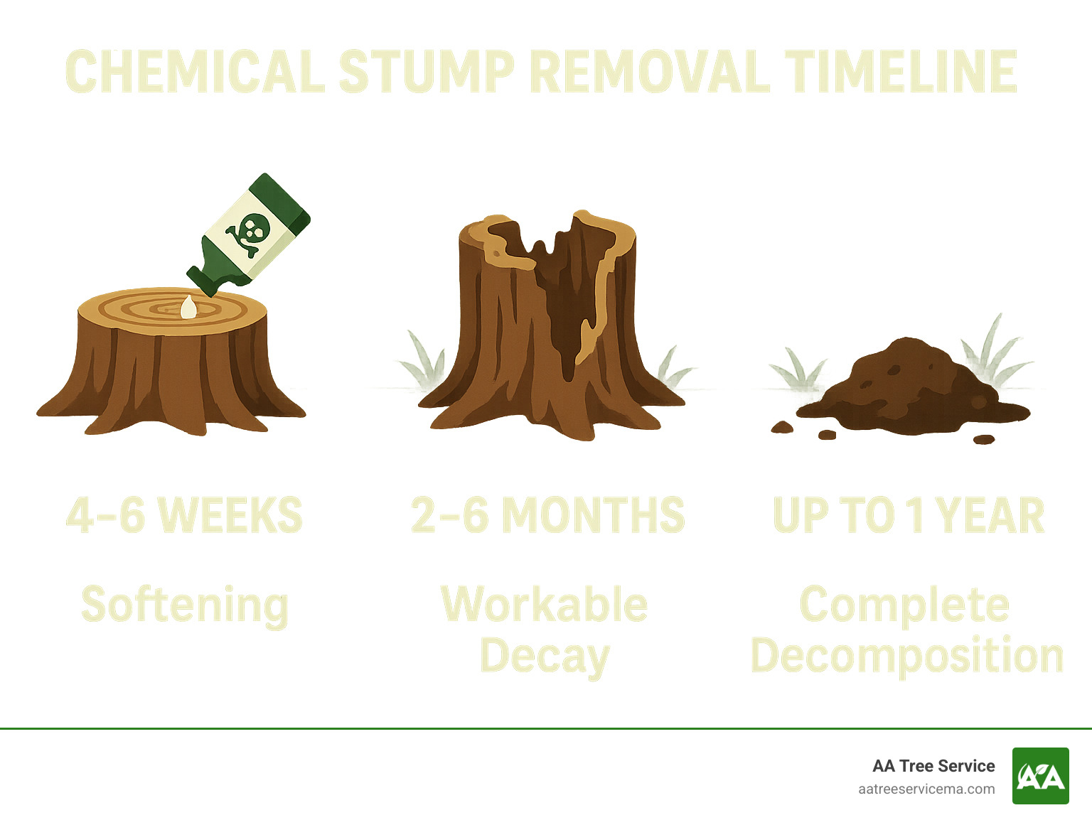 Infographic showing chemical stump removal timeline: 4-6 weeks for softening, 2-6 months for workable decay, up to 1 year for complete decomposition - fast stump removal infographic 