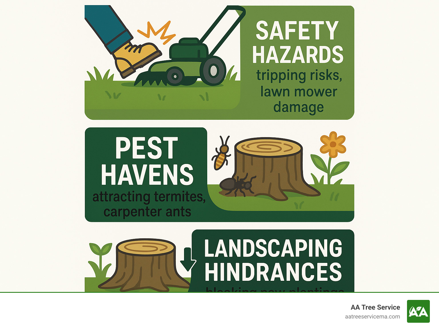 Infographic showing the top 3 problems caused by tree stumps: Safety Hazards including tripping risks and lawn mower damage, Pest Havens attracting termites and carpenter ants, and Landscaping Hindrances blocking new plantings and reducing property value - fast stump removal infographic 