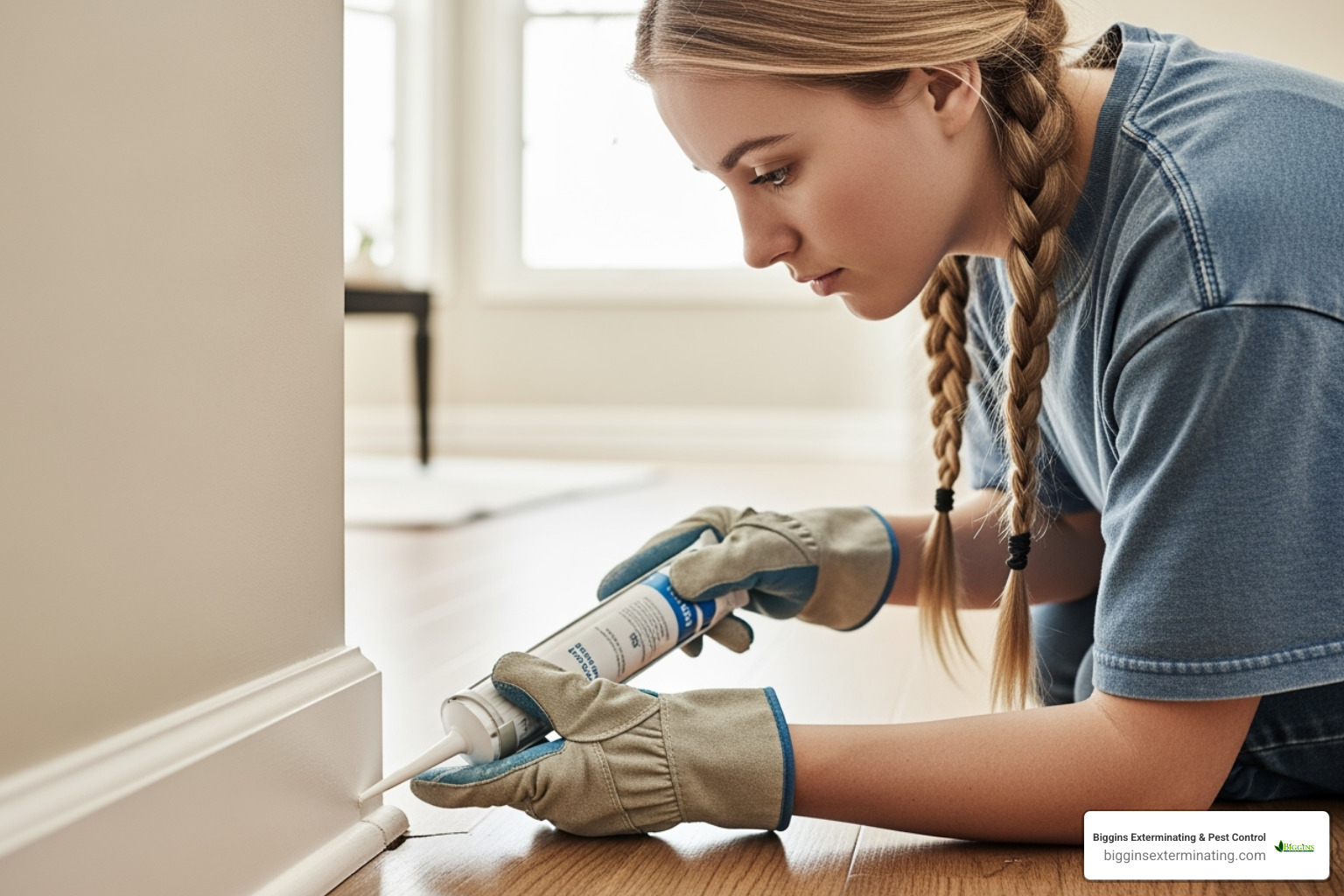 person sealing a crack along a baseboard - ant extermination