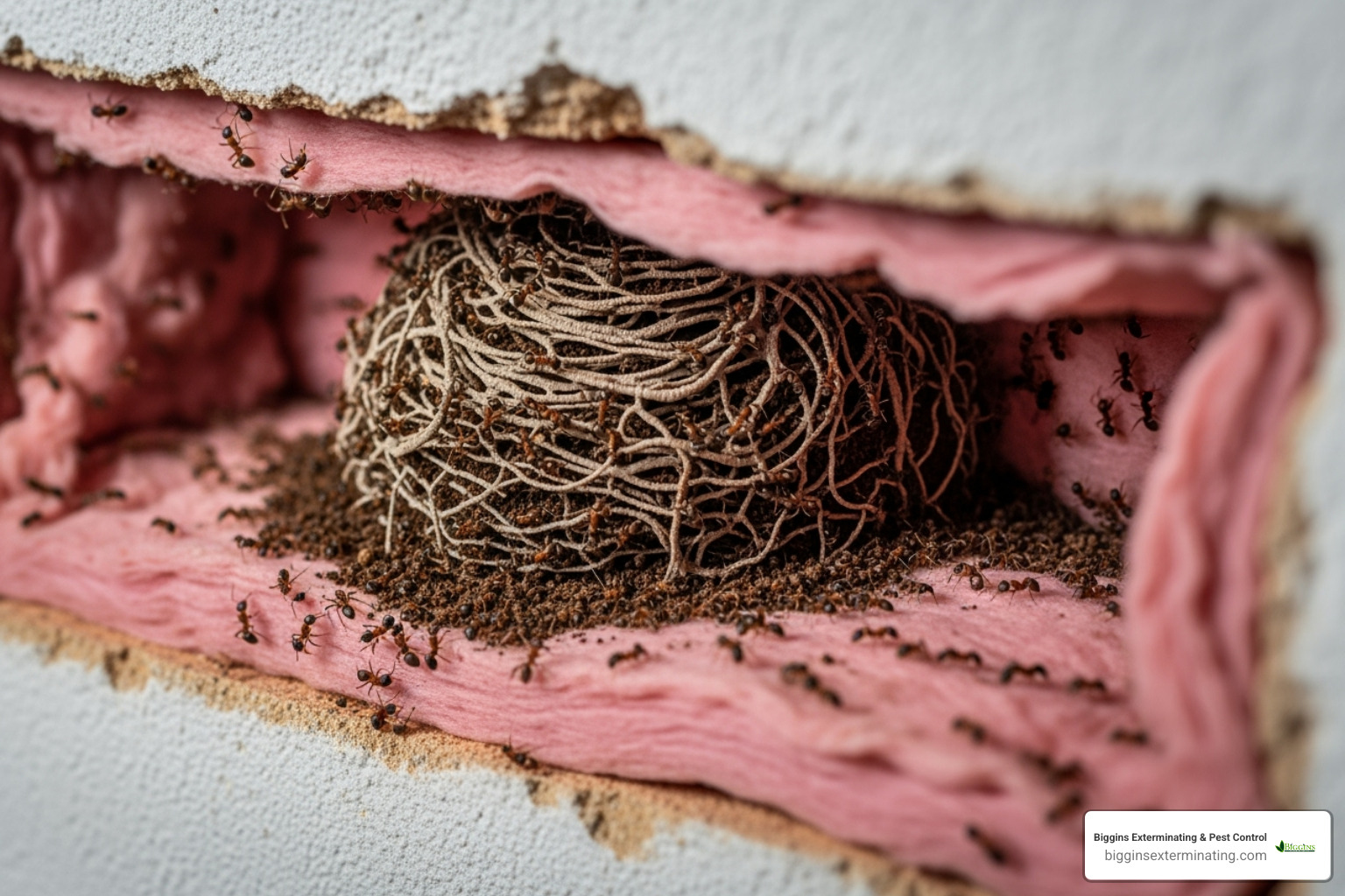 ant nest found in wall void insulation - ant extermination