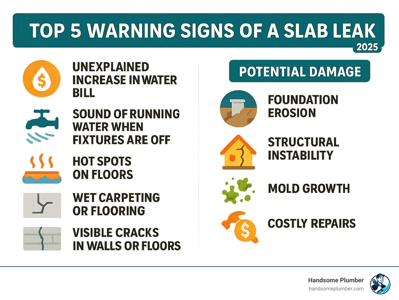 Comprehensive infographic showing the top 5 warning signs of slab leaks including unexplained water bill increases, sound of running water when fixtures are off, hot spots on floors, wet carpeting or flooring, and visible cracks in walls or floors, alongside potential damage including foundation erosion, structural instability, mold growth, and costly repairs - slab leak repair services infographic 