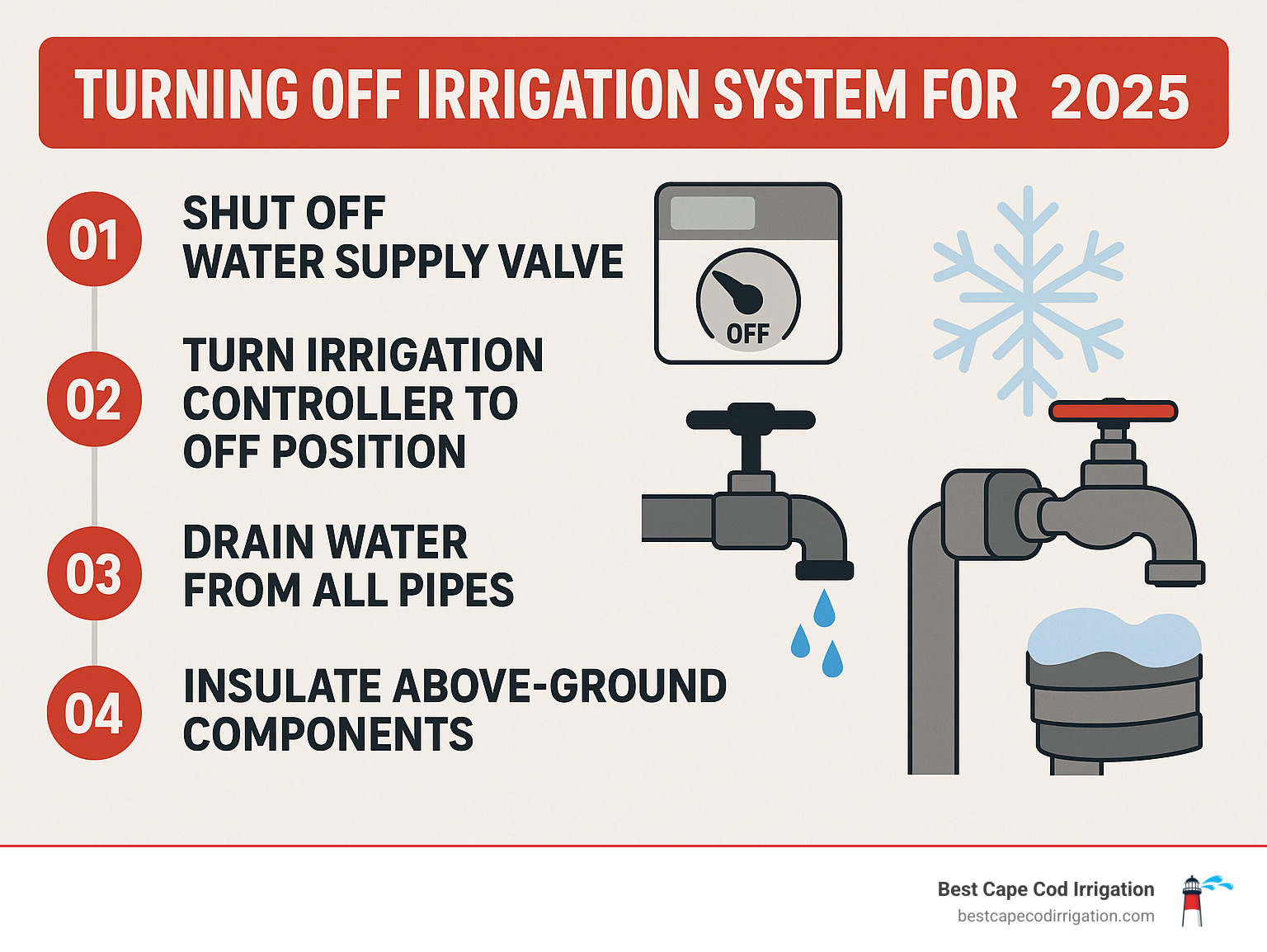 Infographic showing the 4 main winterization steps: 1) Shut off water supply valve, 2) Turn irrigation controller to OFF position, 3) Drain water from all pipes using manual valves or compressed air, 4) Insulate backflow preventers and above-ground components with foam tape - turning off irrigation system winter infographic 