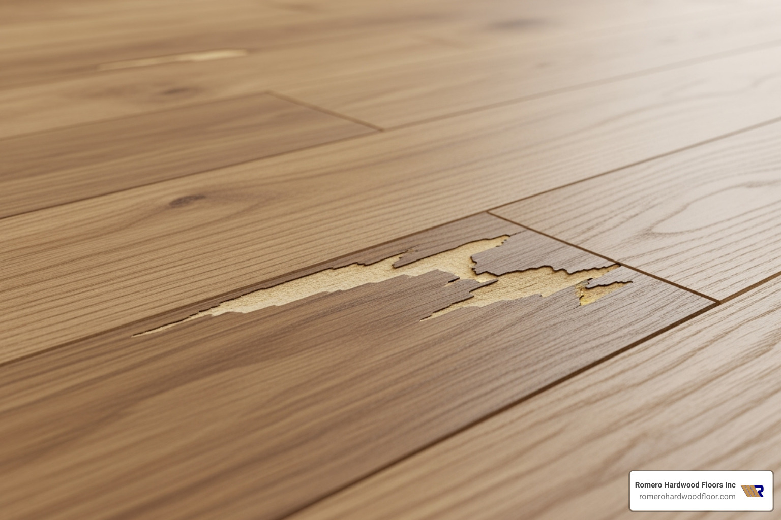 finished Dutchman patch seamlessly integrated into a floor - chip in wooden floor