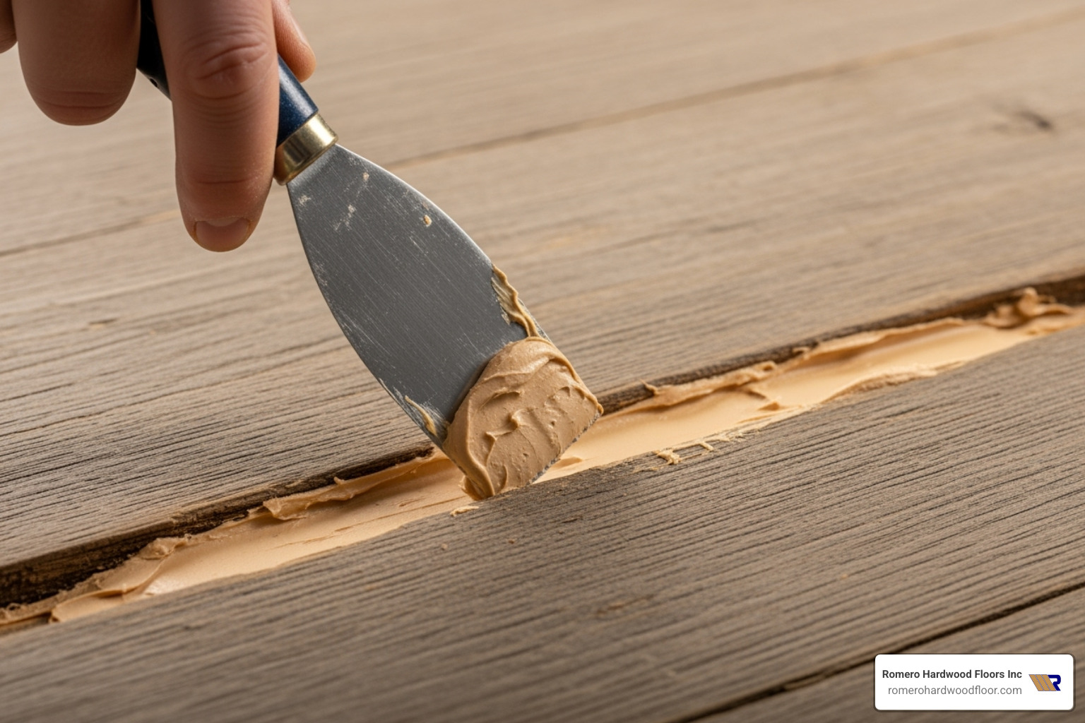 wood putty being applied to a deep gouge in a floorboard - chip in wooden floor