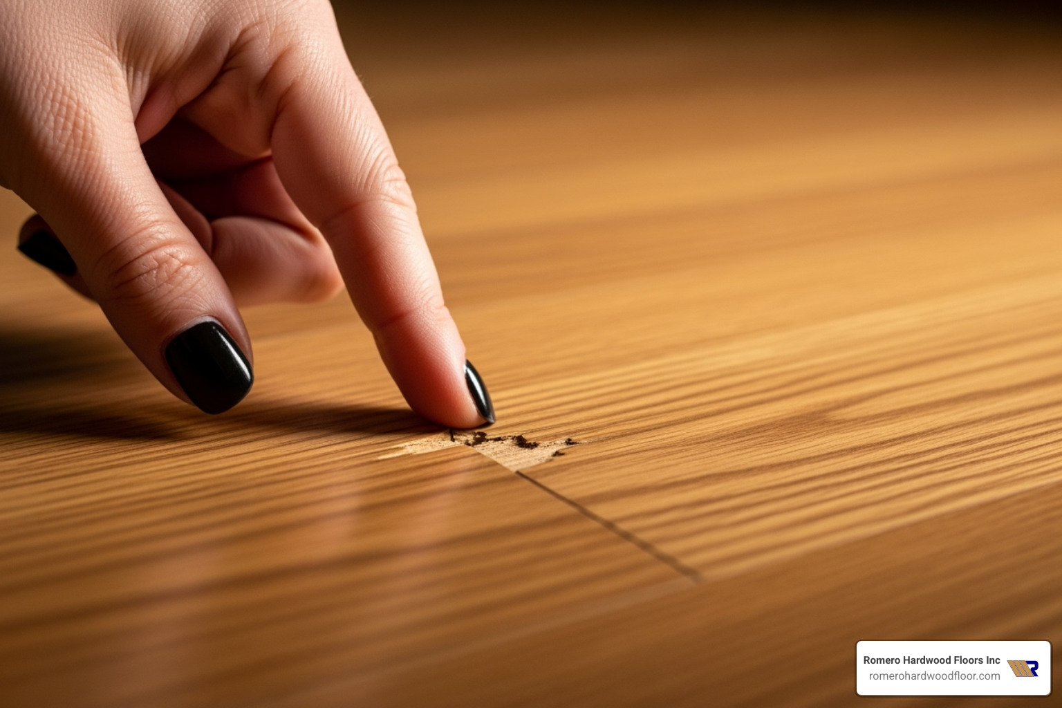 person closely inspecting a chip in a wooden floor - chip in wooden floor