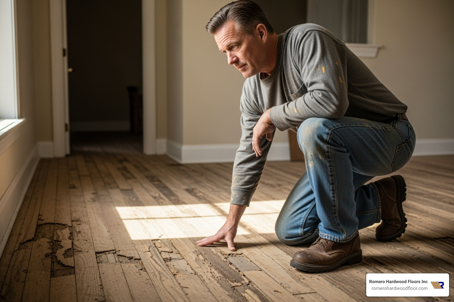professional flooring contractor from Romero Hardwood Floors inspecting a severely damaged floor - chip in wooden floor