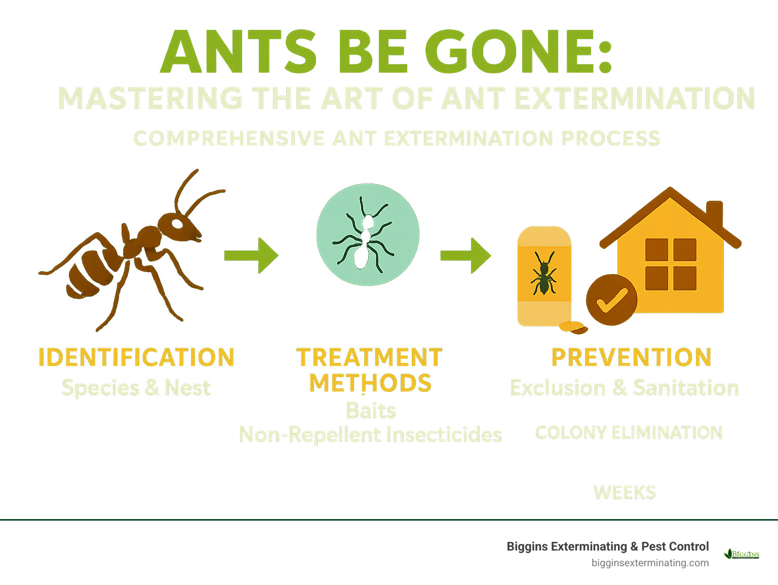 Comprehensive ant extermination process showing identification, treatment methods, and prevention strategies with timelines for colony elimination - ant extermination infographic 