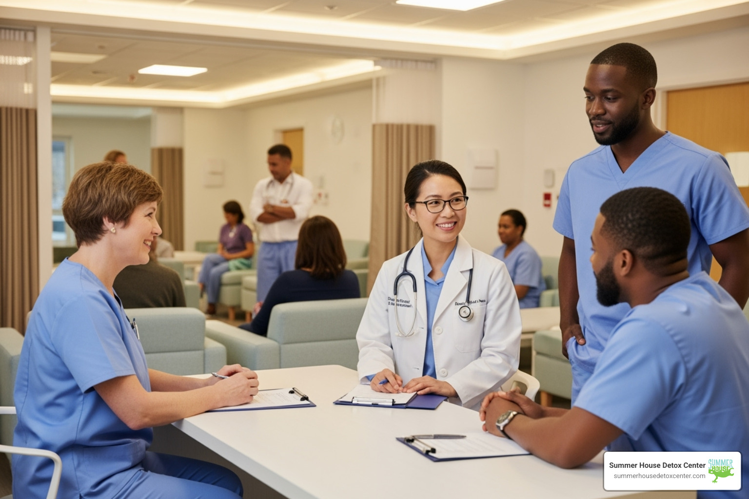 A calm, professional medical detox facility environment with caring staff - alcohol detox and recovery