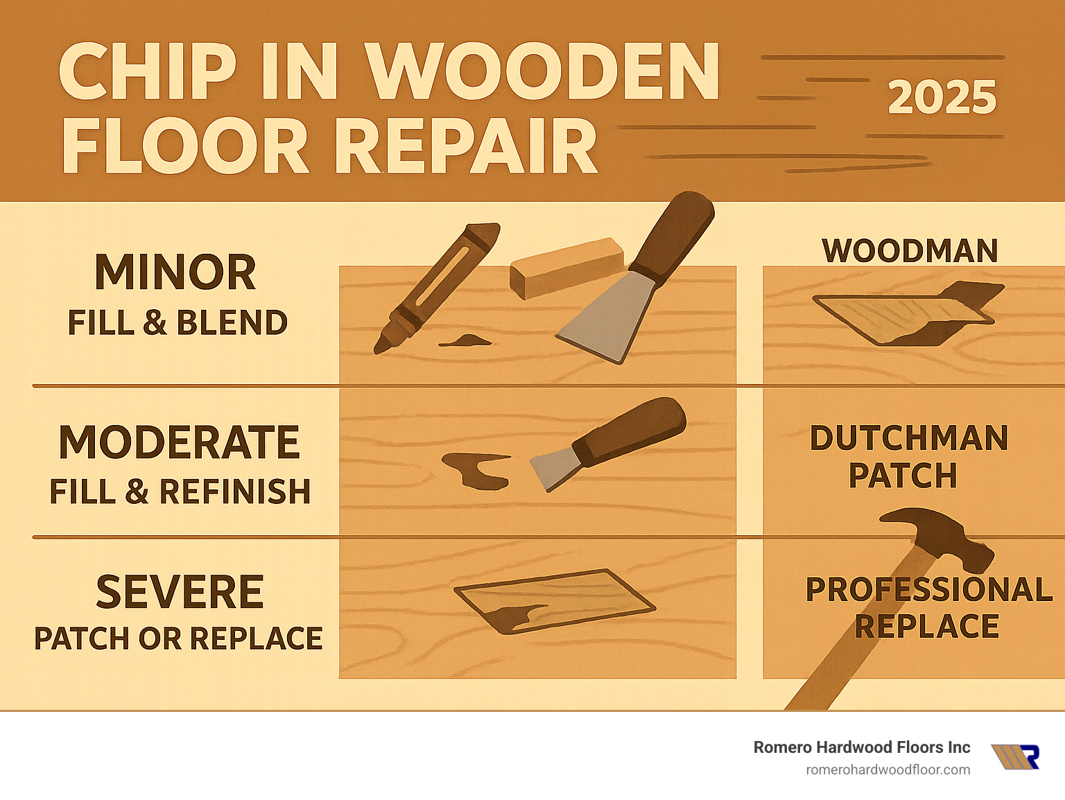 Complete guide showing three levels of wooden floor chip repair: Minor chips requiring fill and blend techniques with wood markers and wax sticks, moderate chips needing putty application and refinishing, and severe chips requiring Dutchman patches or professional replacement - chip in wooden floor infographic
