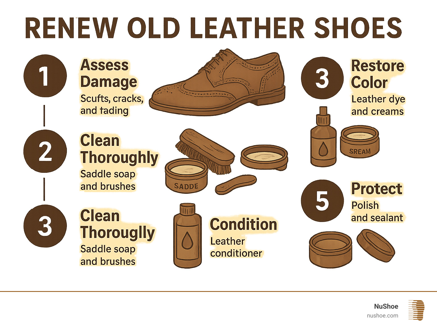 Comprehensive infographic showing the 5 key stages of leather shoe renewal: Stage 1 - Assess damage including scuffs, cracks, and fading; Stage 2 - Clean thoroughly with saddle soap and brushes; Stage 3 - Restore color using leather dye and creams; Stage 4 - Condition with leather conditioner to restore flexibility; Stage 5 - Protect with polish and sealant for longevity - renew old leather shoes infographic 