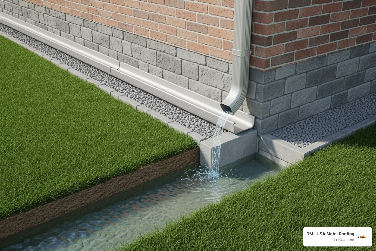 Properly installed aluminum gutter extension directing water away from a home's foundation with clear ground slope and splash block - aluminum gutter extensions