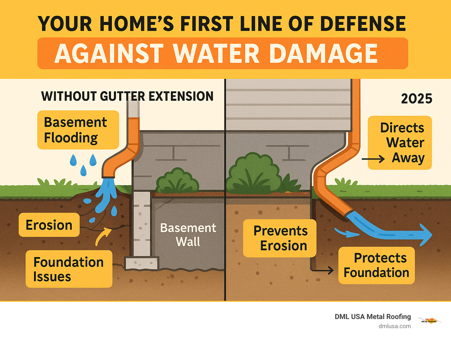 Infographic showing cross-section of home foundation with and without gutter extensions, illustrating how extensions direct water away from basement walls, prevent soil erosion around landscaping, and protect foundation integrity through proper water management - aluminum gutter extensions infographic 