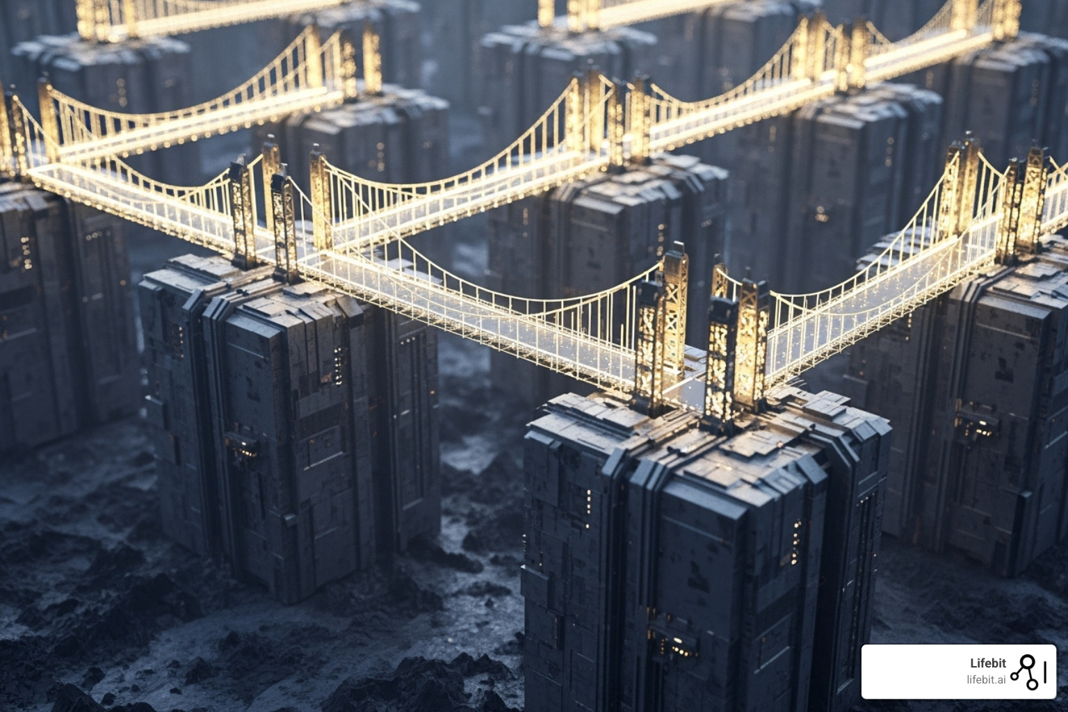 data silos with bridges being built between them, representing integration challenges - oncology data analytics