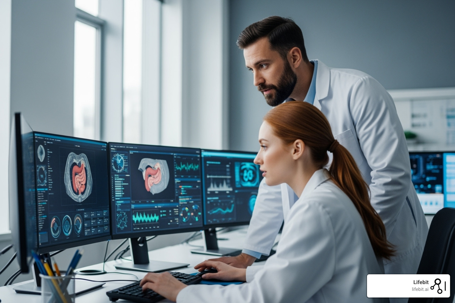 doctor and researcher collaborating over complex data visualizations on multiple screens - oncology data analytics