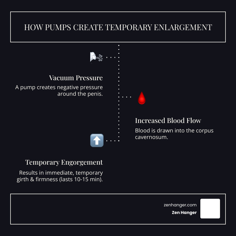 Detailed infographic showing cross-section of penis during vacuum pump use, illustrating how negative pressure draws blood into erectile chambers creating temporary engorgement, with timeline showing 10-15 minute effect duration - penis pump enlargement photos infographic infographic-line-3-steps-dark