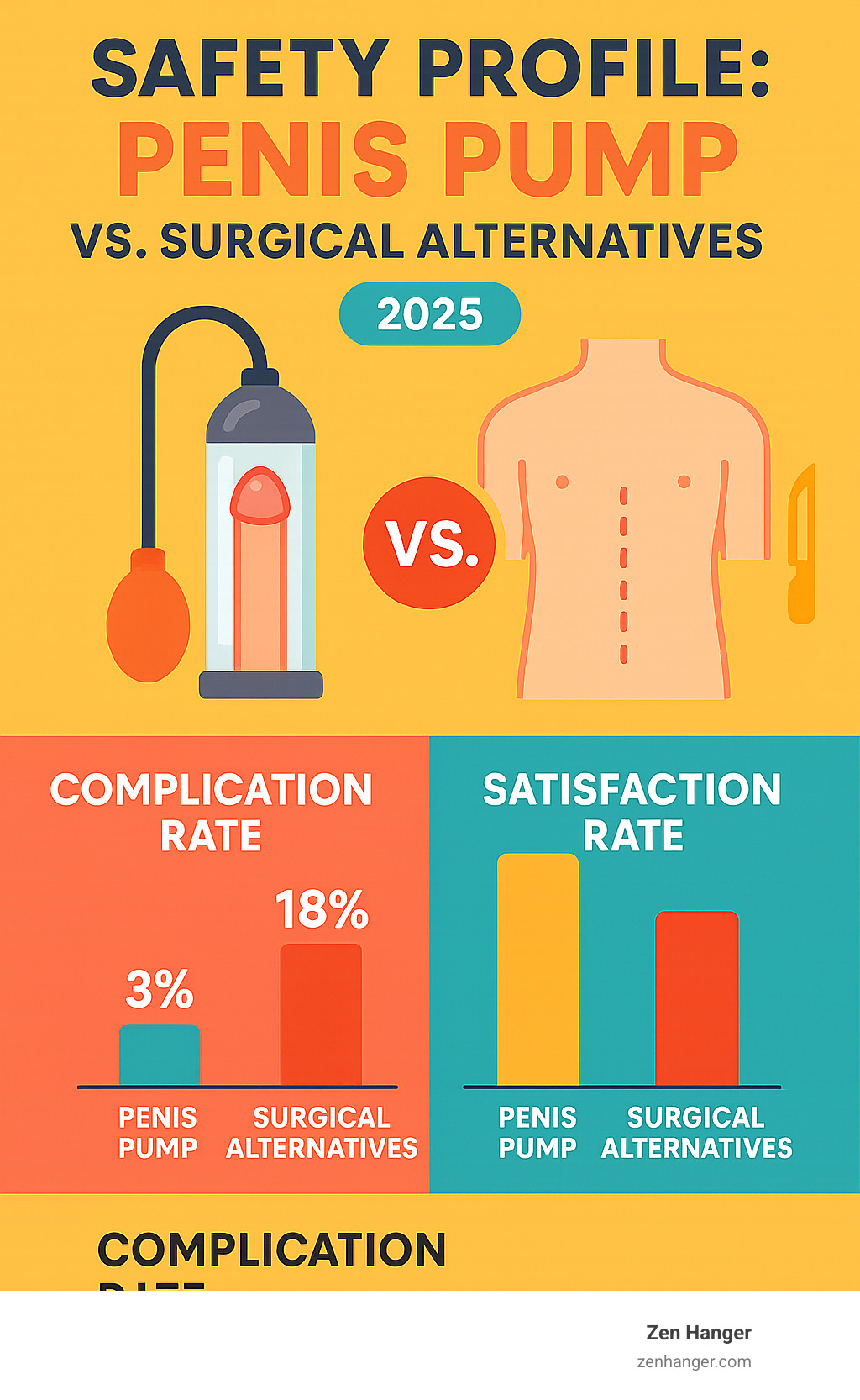 Statistical comparison showing penis pump safety profile versus surgical alternatives, including complication rates and satisfaction scores - penis pump enlargement photos infographic