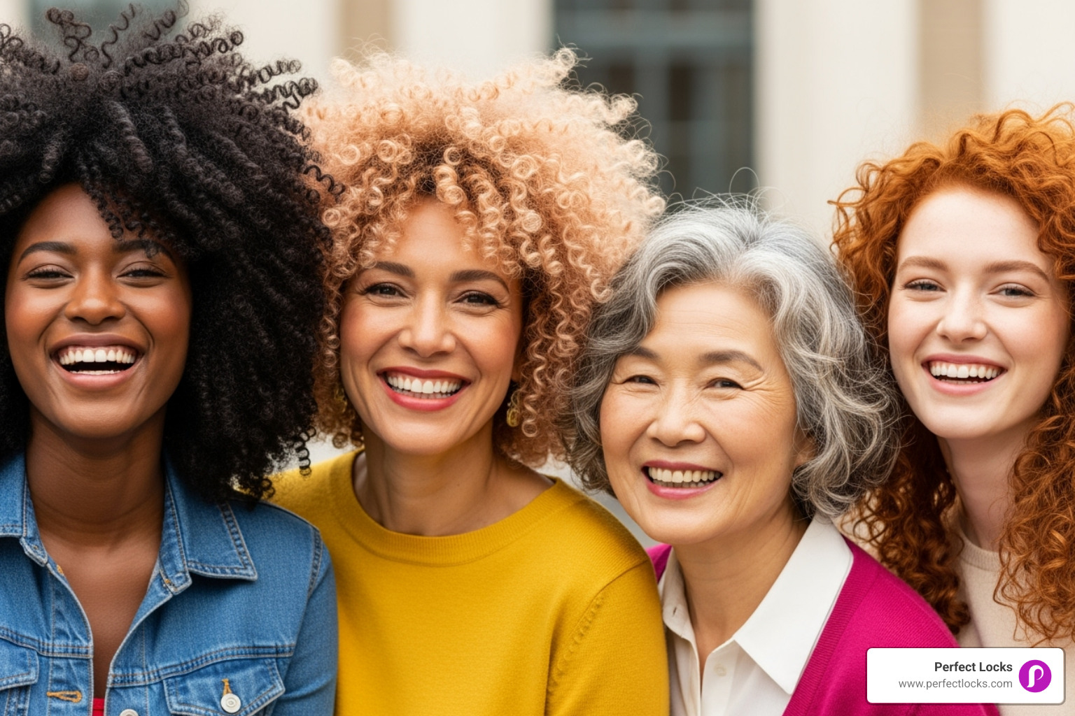 diverse group of women with different curly hairstyles looking happy - summer curly hairstyles