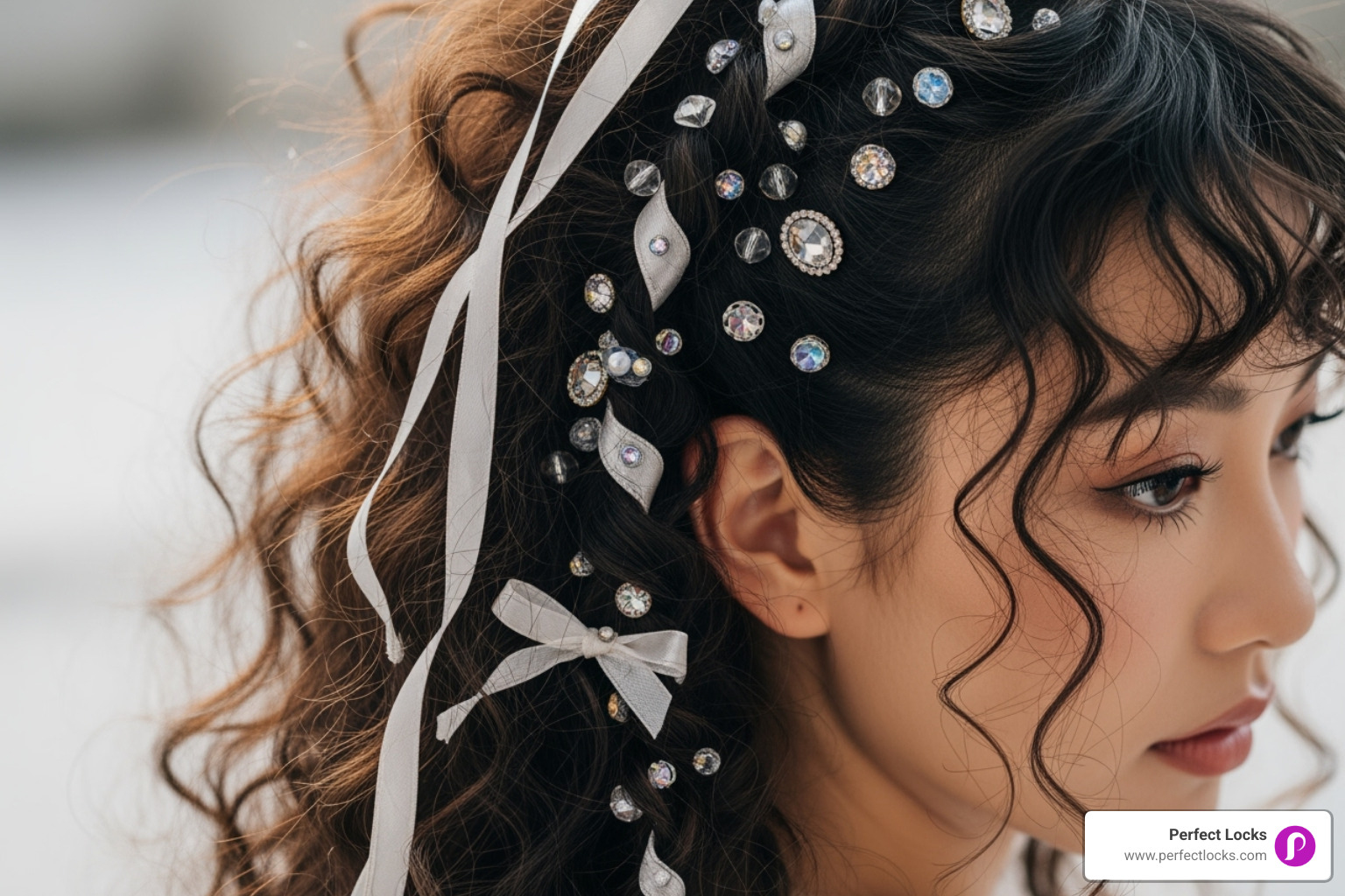 curly hair with trendy accessories like hair gems or ribbons - summer curly hairstyles