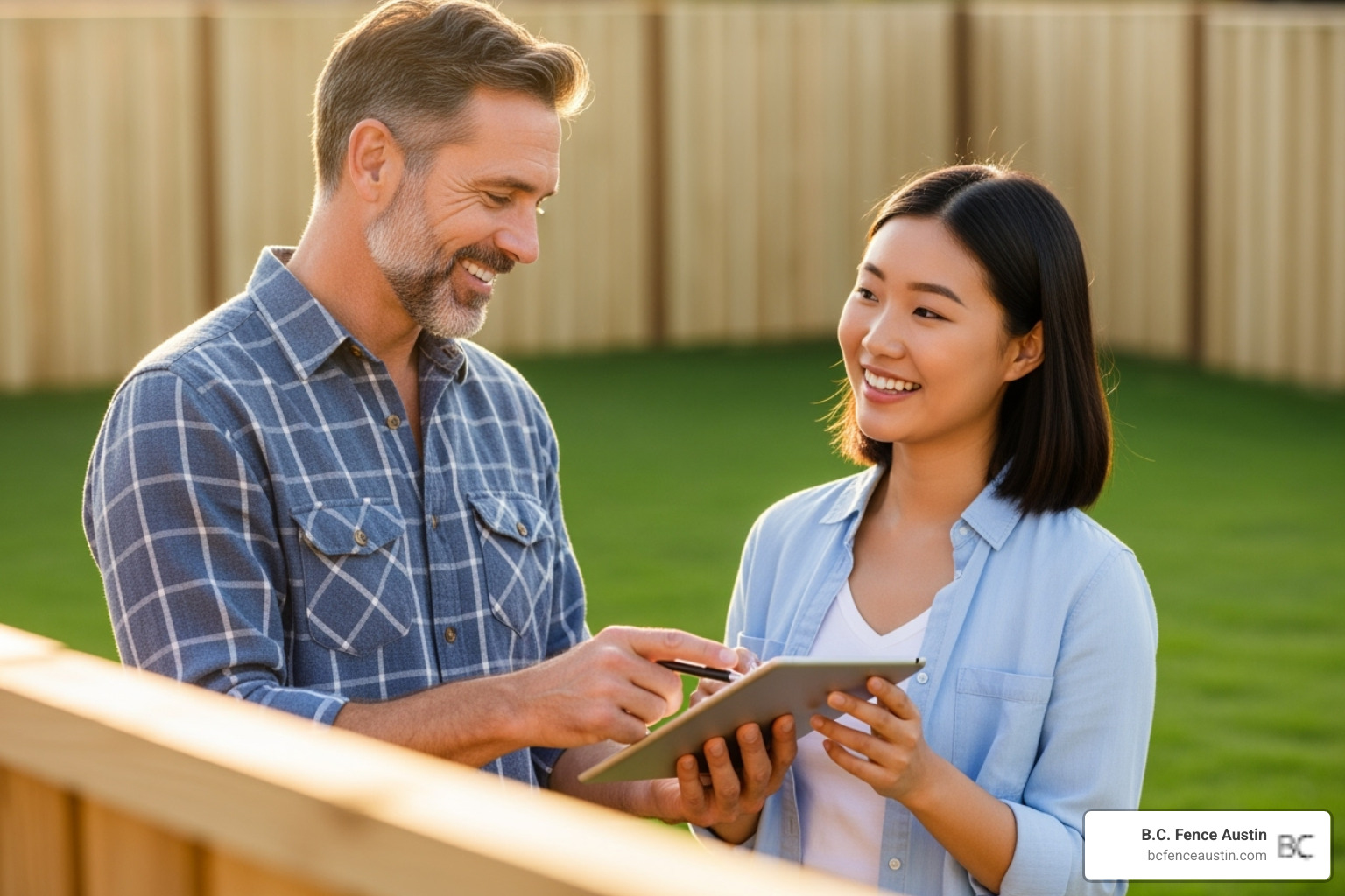 friendly fence contractor providing estimate to homeowner - fence staining services round rock