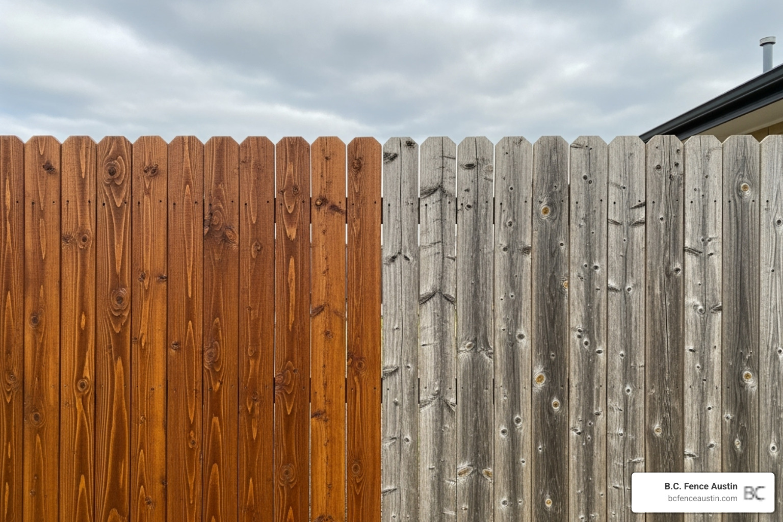 fence half-stained and half-weathered showing dramatic difference - fence staining services round rock